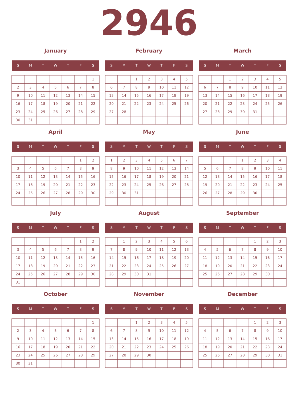 Printable 2946 Year Calendars cordovan