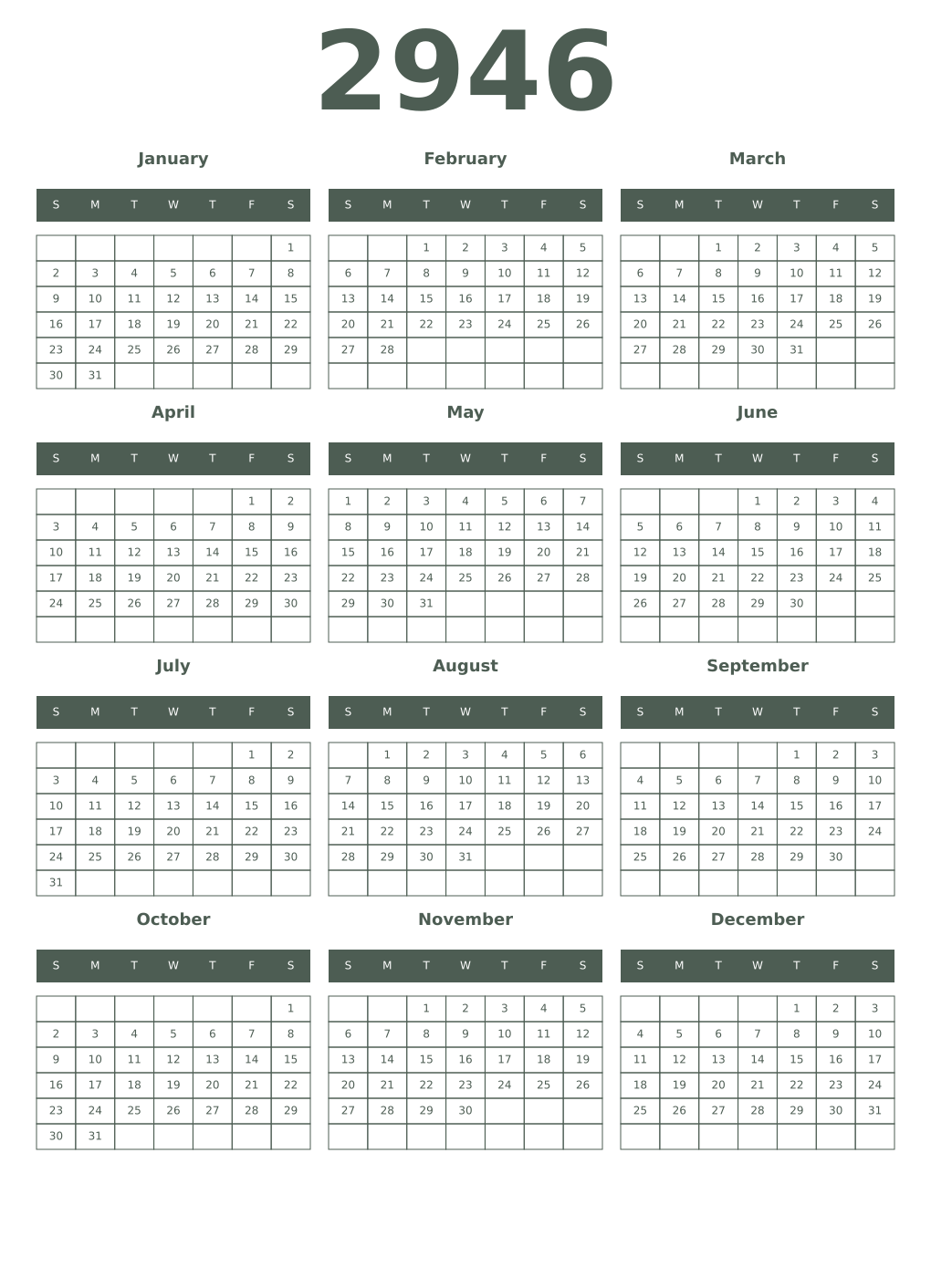 Printable 2946 Year Calendars feldgrau