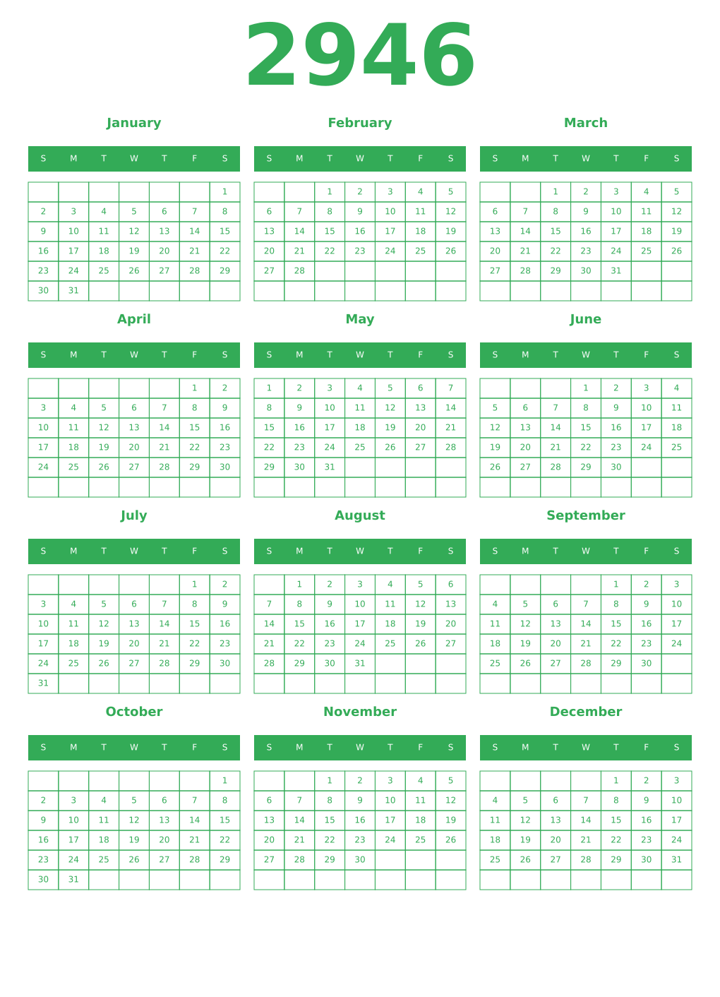 Printable 2946 Year Calendars green