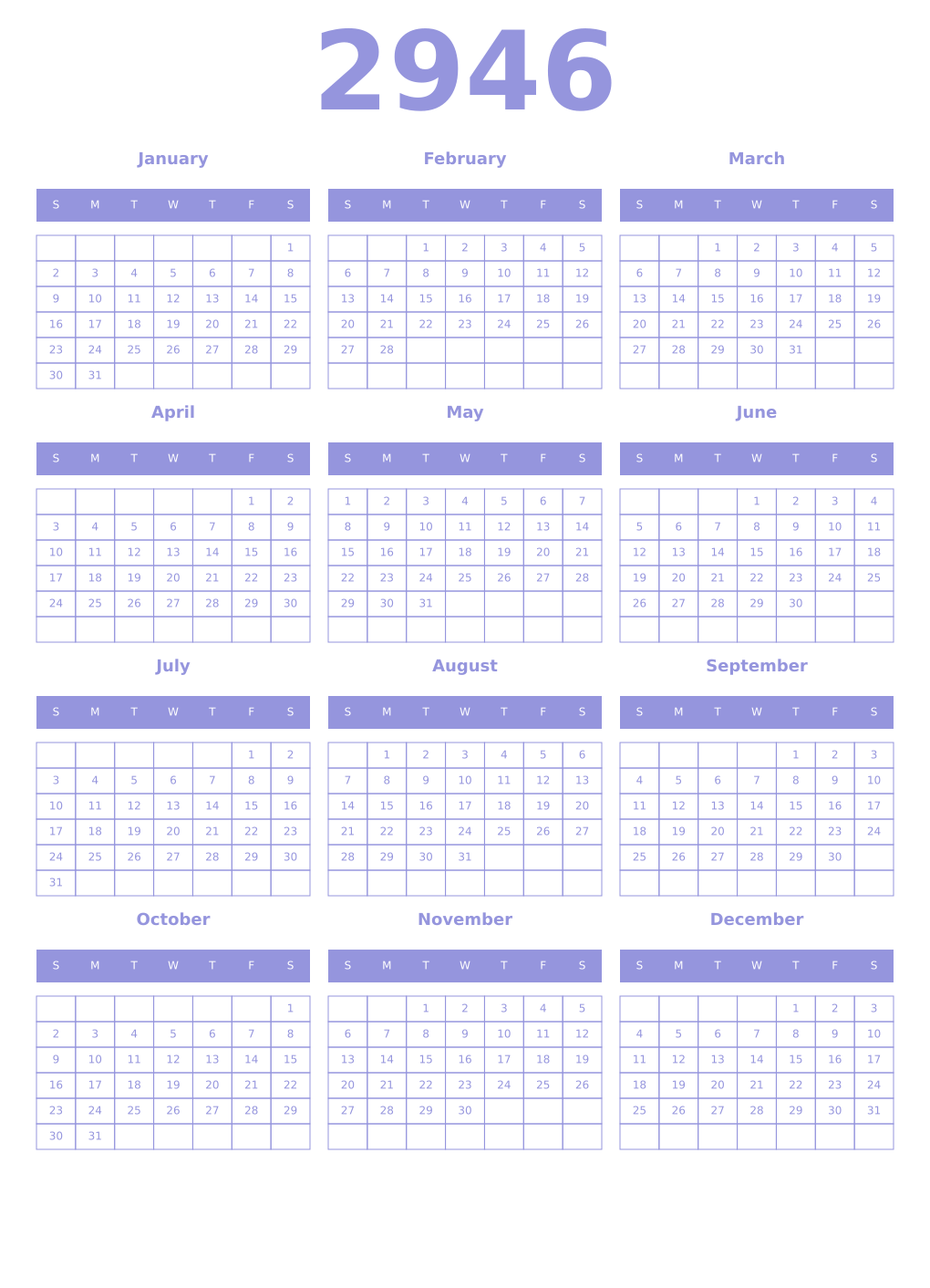 Printable 2946 Year Calendars periwinkle