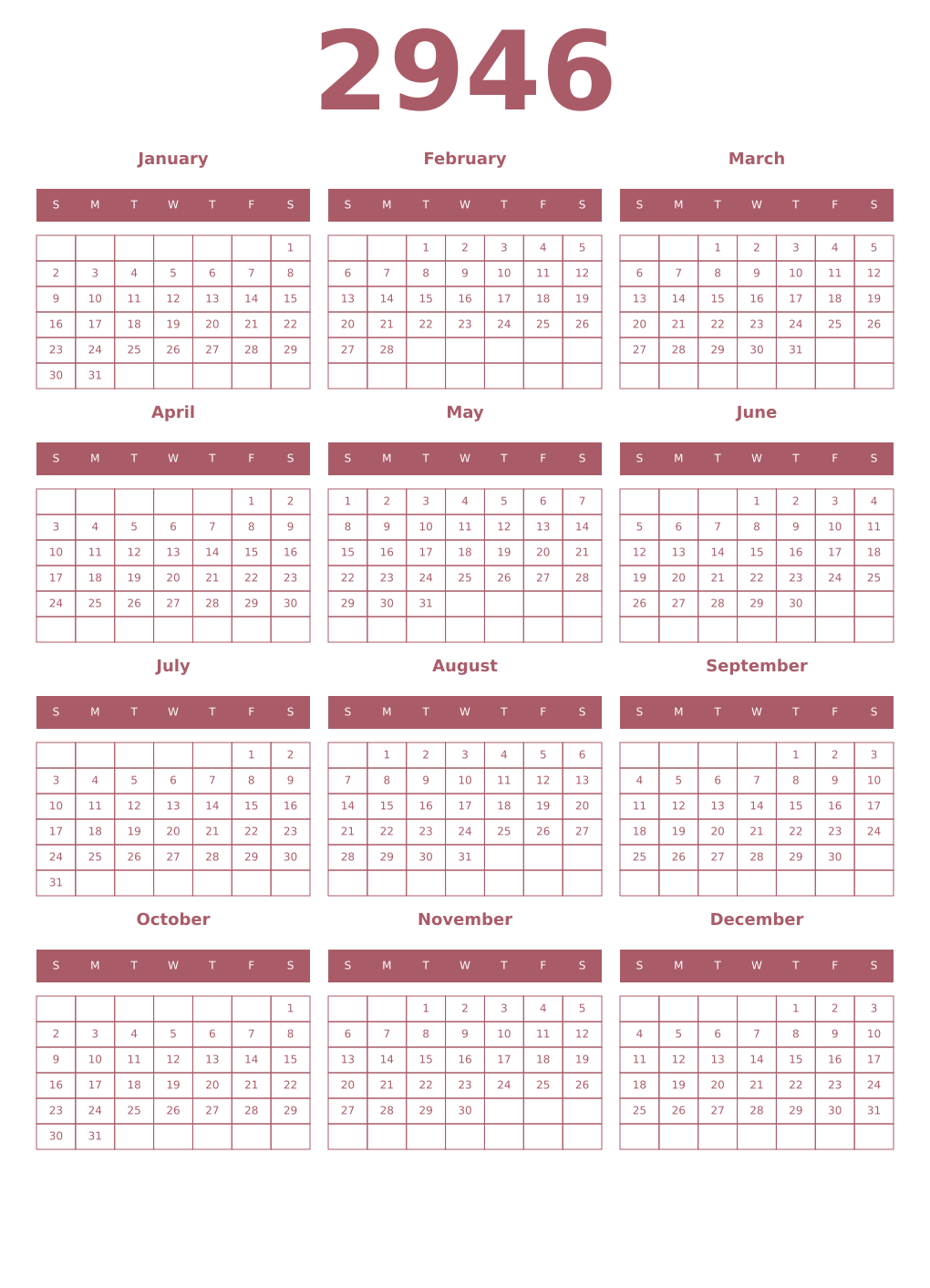 Printable 2946 Year Calendars puce