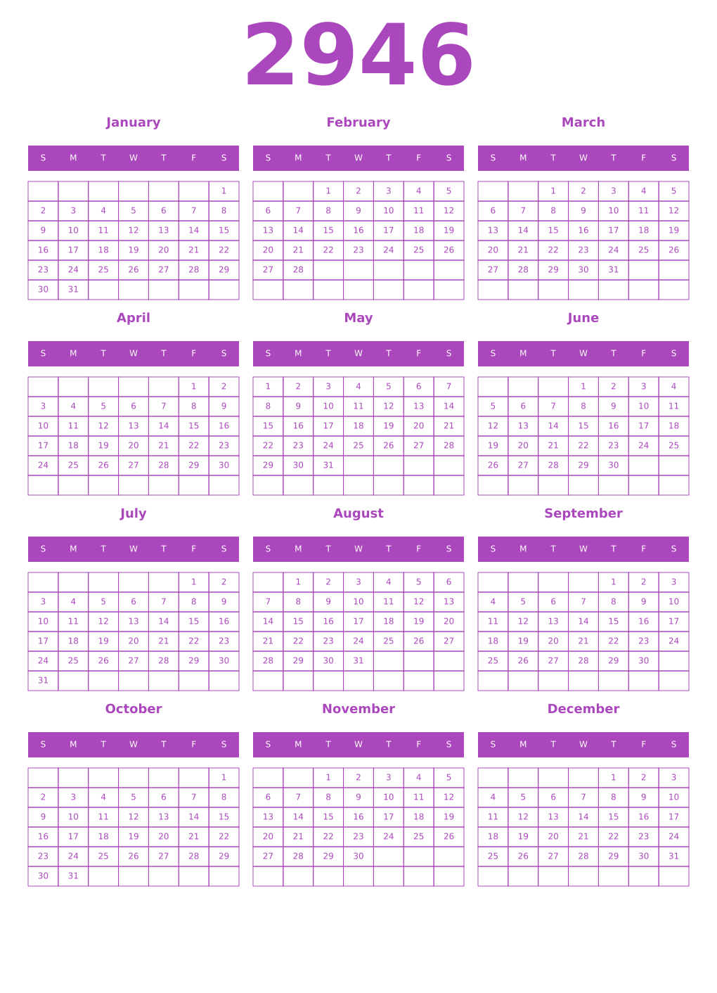 Printable 2946 Year Calendars purple
