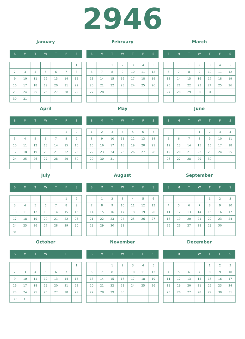 Printable 2946 Year Calendars viridian