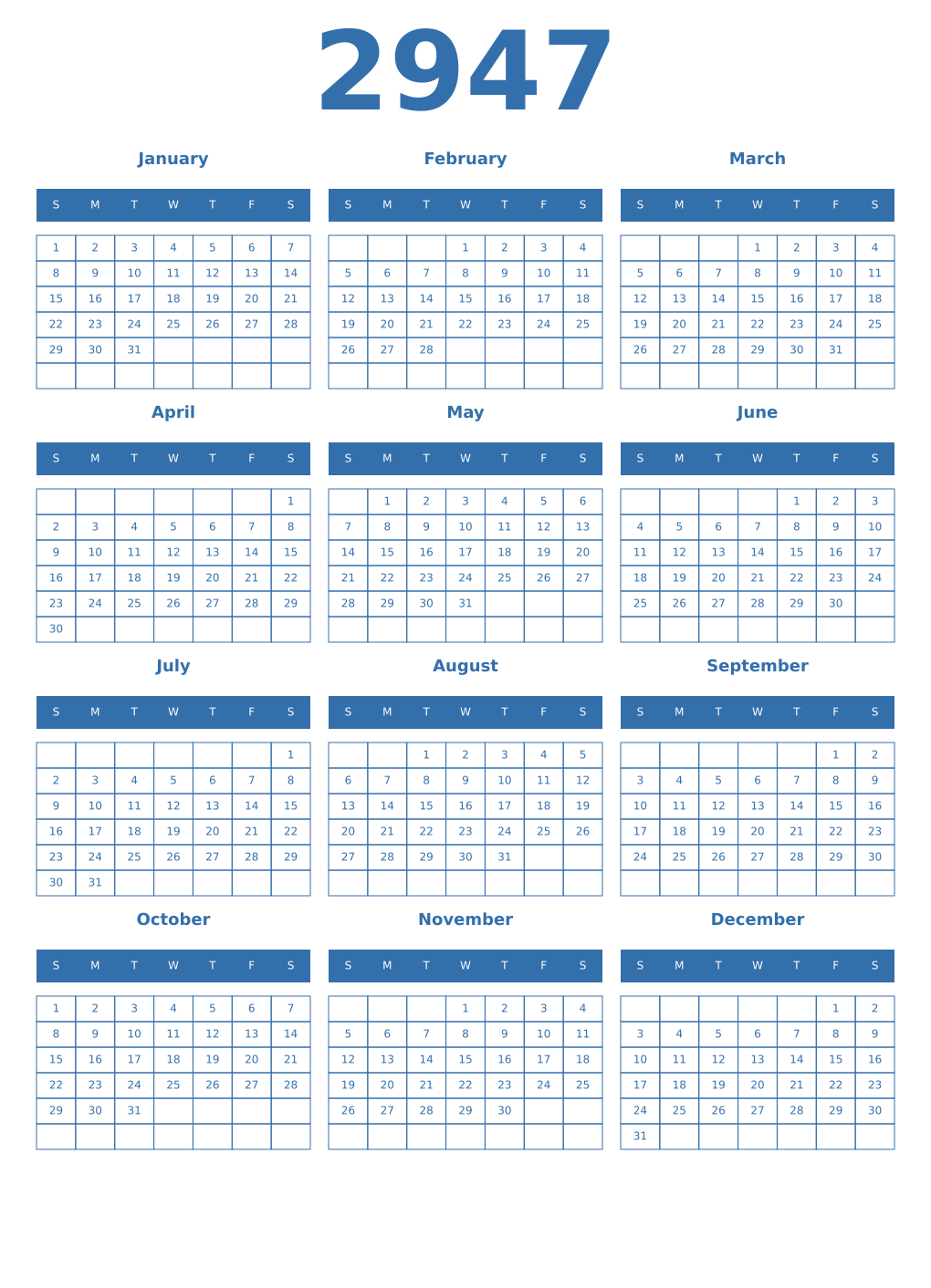 Printable 2947 Year Calendars blue