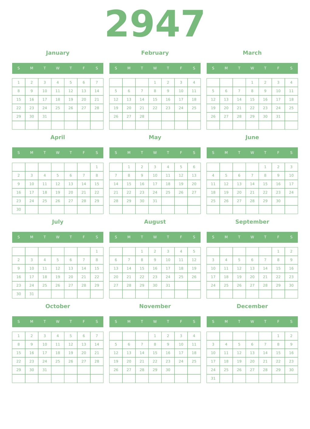 Printable 2947 Year Calendars celadon