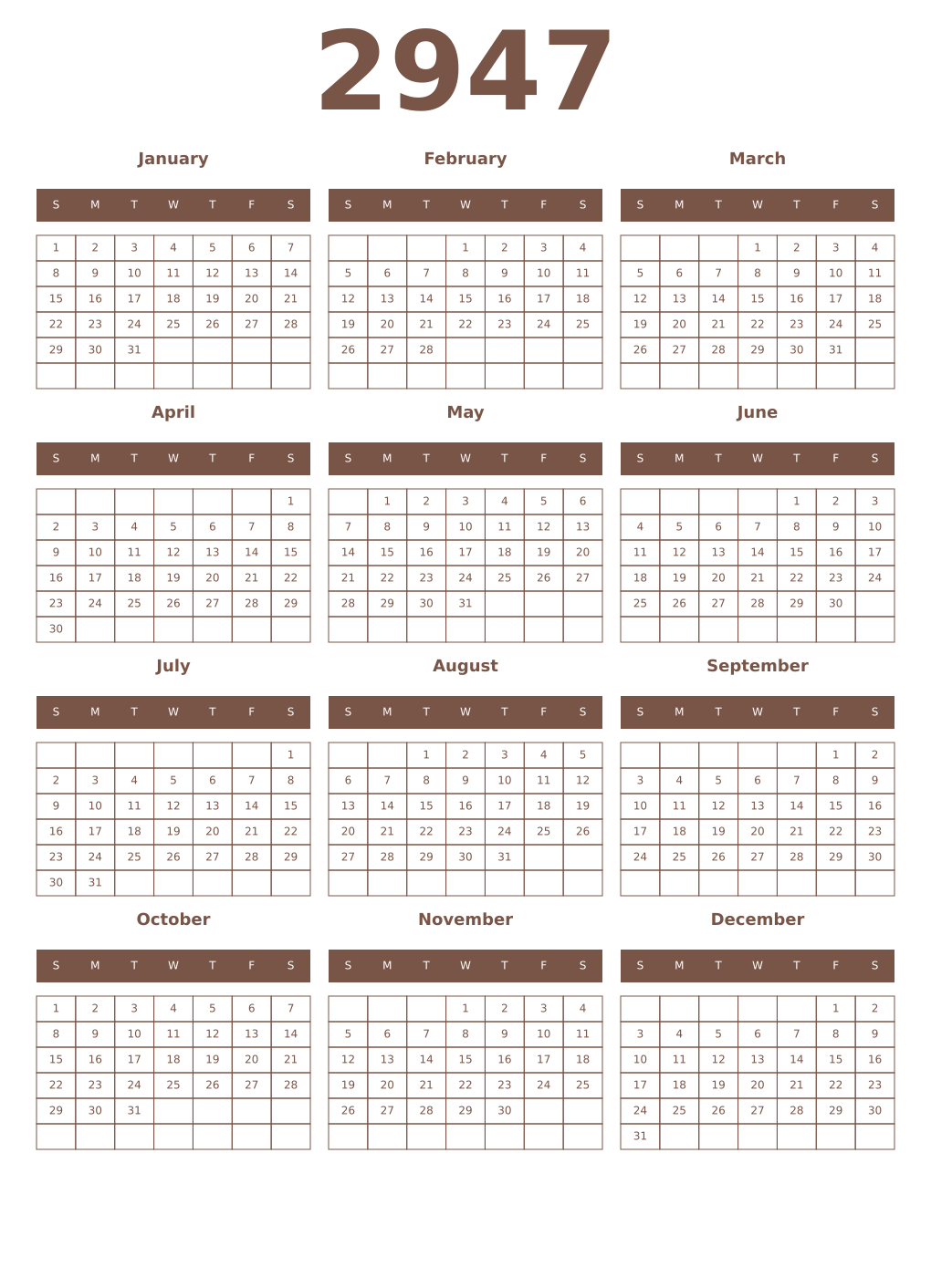 Printable 2947 Year Calendars coffe
