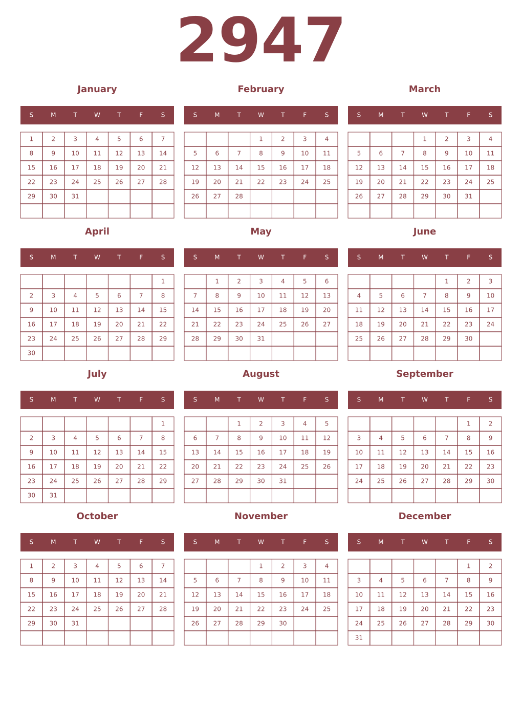 Printable 2947 Year Calendars cordovan