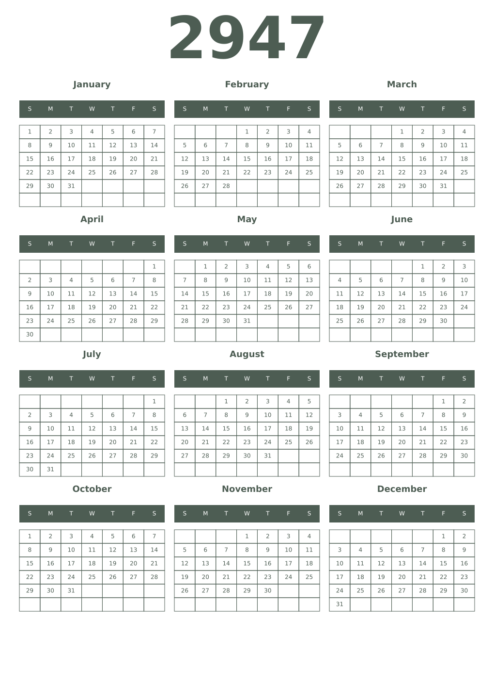 Printable 2947 Year Calendars feldgrau