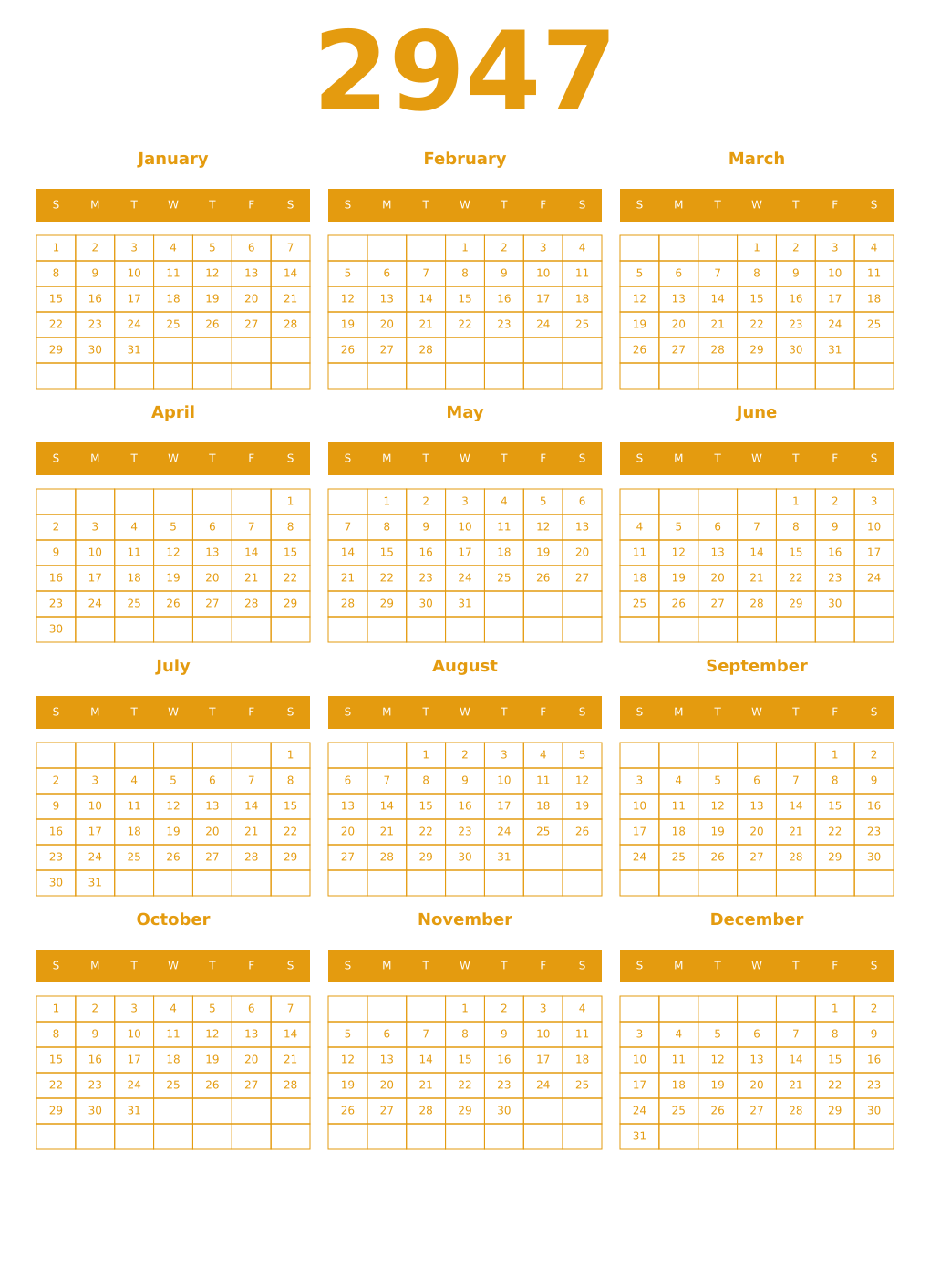 Printable 2947 Year Calendars gamboge