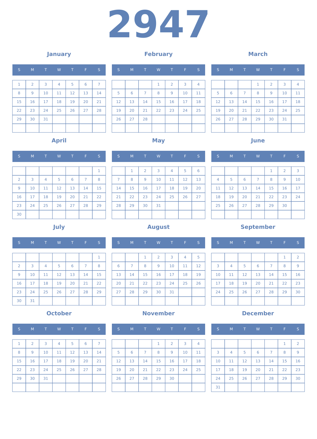 Printable 2947 Year Calendars glaucous