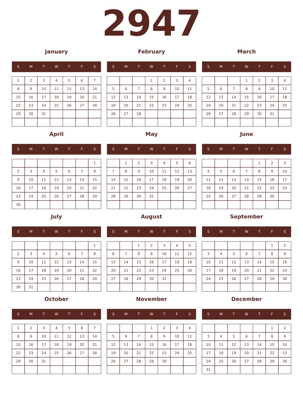 Printable 2947 Year Calendars mortuum