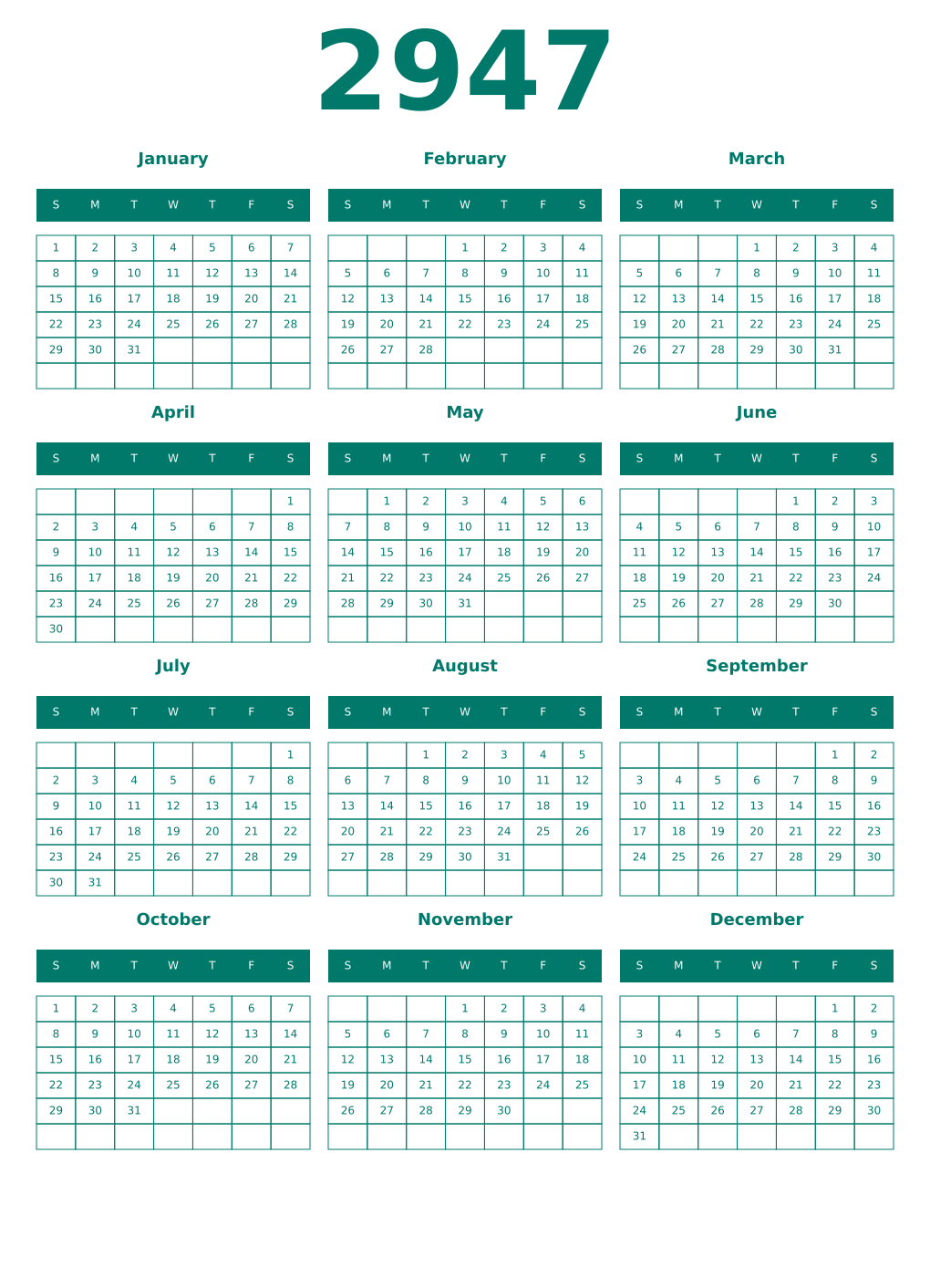 Printable 2947 Year Calendars pastel
