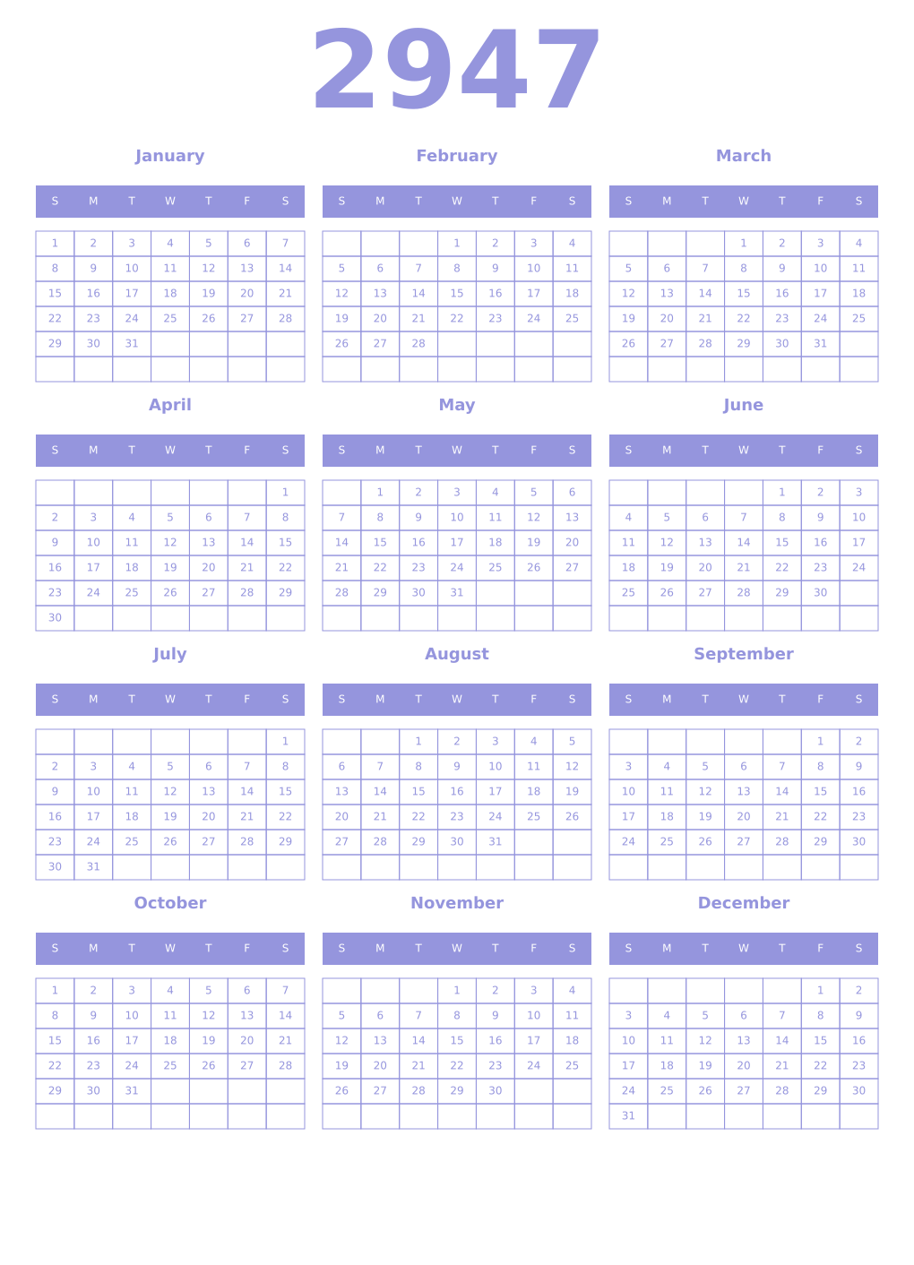 Printable 2947 Year Calendars periwinkle