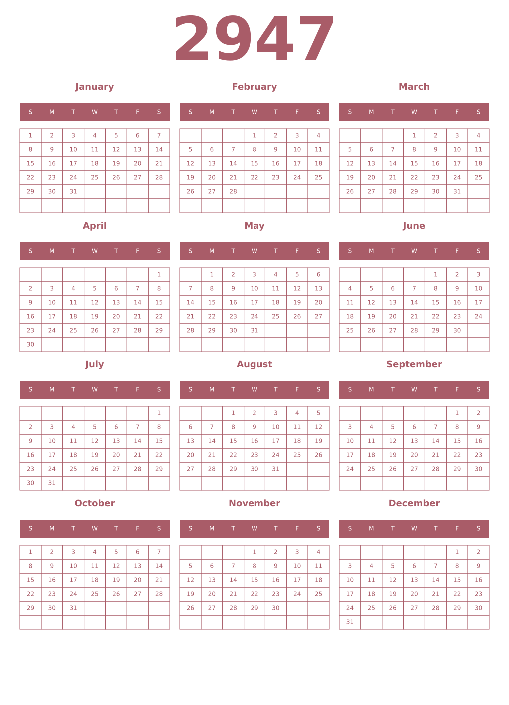 Printable 2947 Year Calendars puce