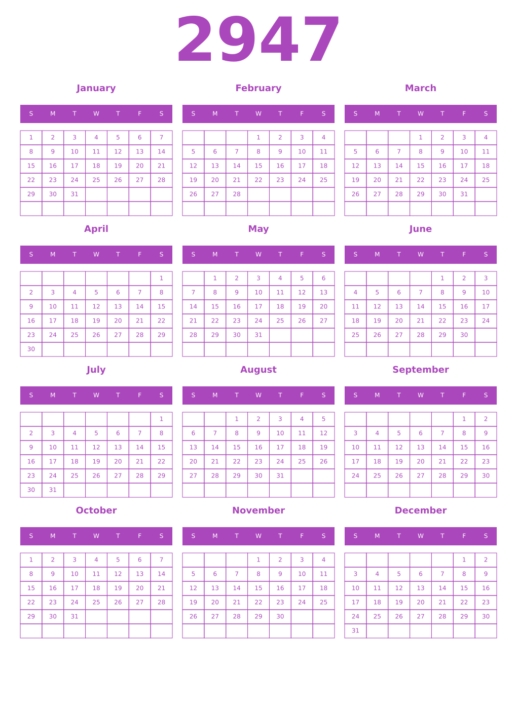 Printable 2947 Year Calendars purple