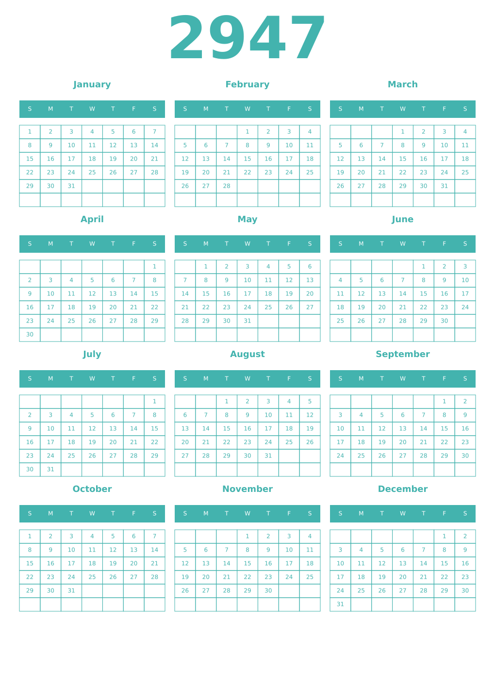 Printable 2947 Year Calendars verdigris