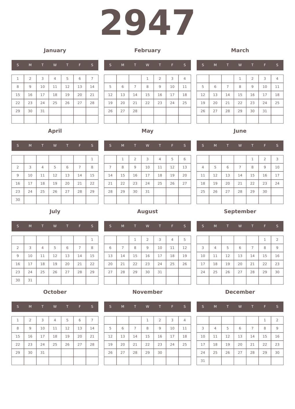 Printable 2947 Year Calendars wenge
