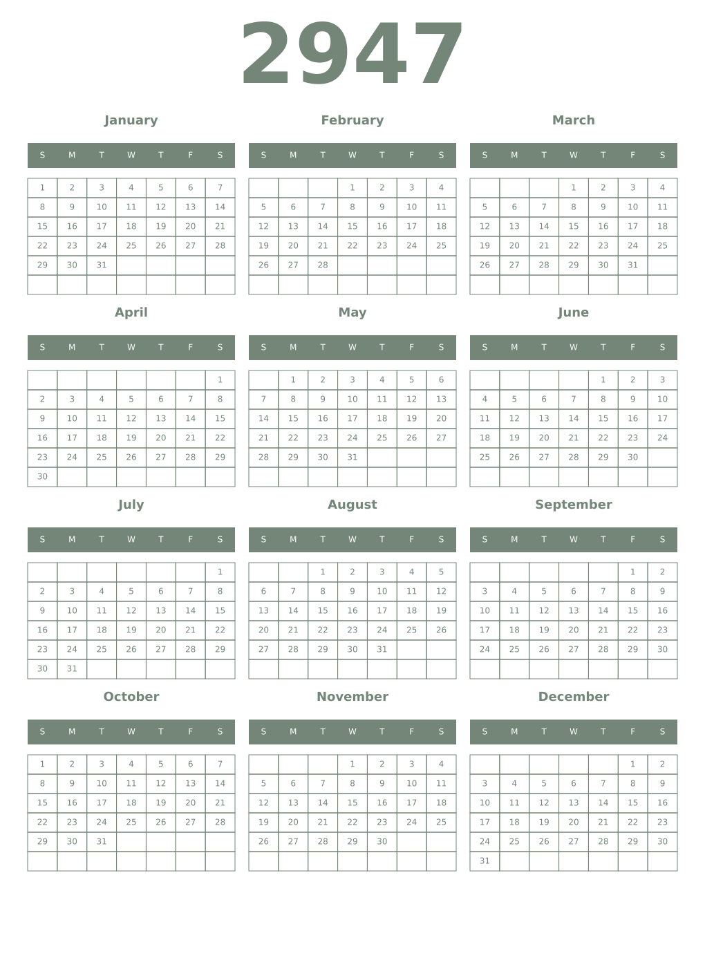 Printable 2947 Year Calendars xanadu