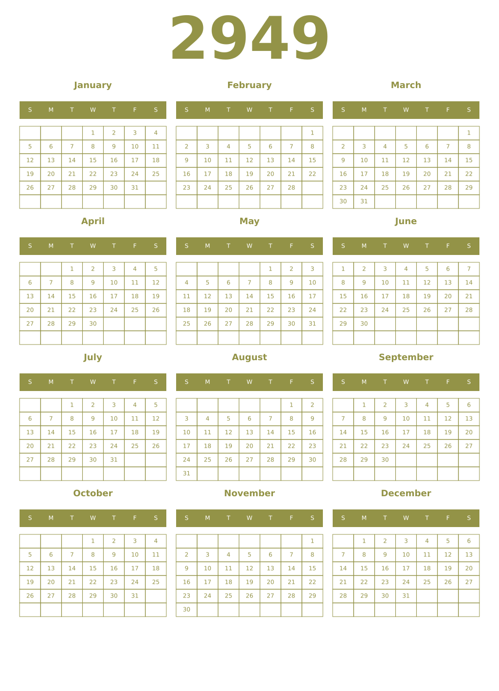 Printable 2949 Year Calendars eburnean