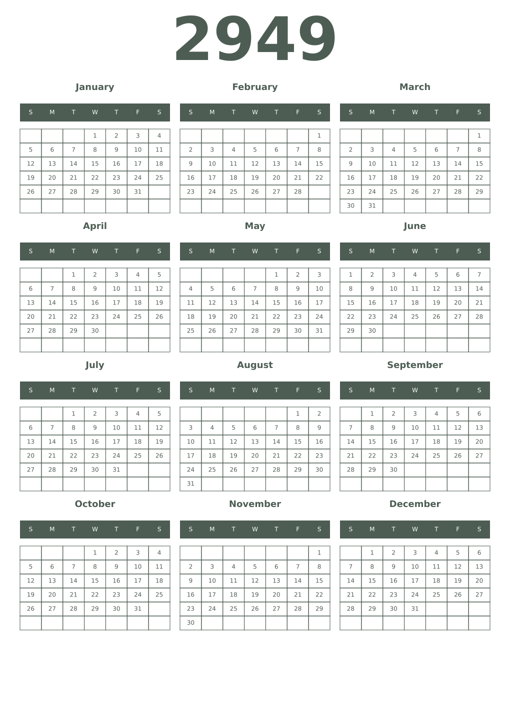 Printable 2949 Year Calendars feldgrau