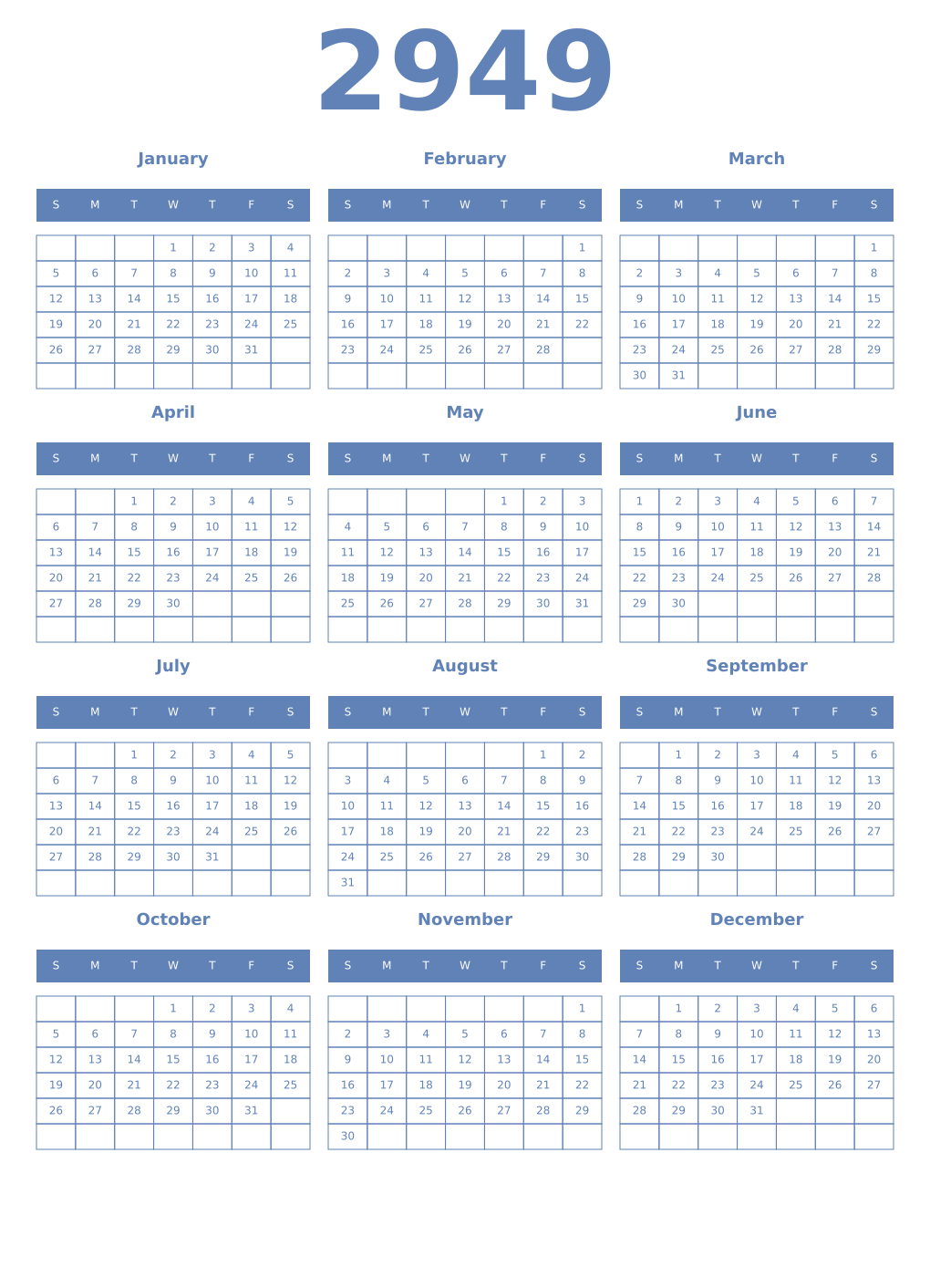 Printable 2949 Year Calendars glaucous