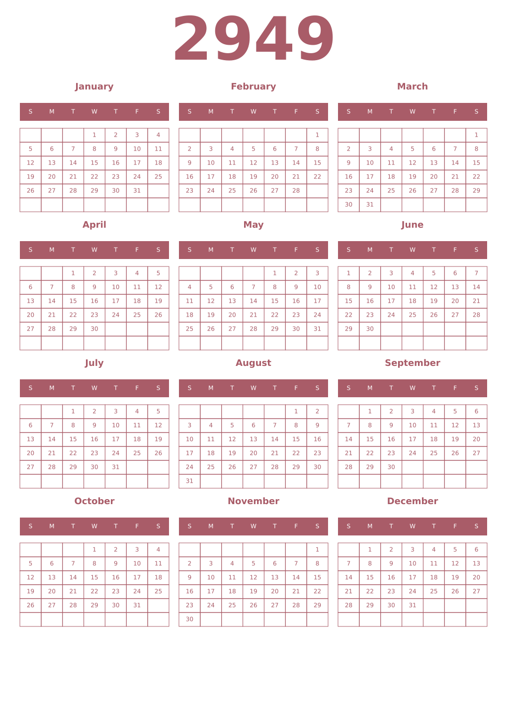 Printable 2949 Year Calendars puce
