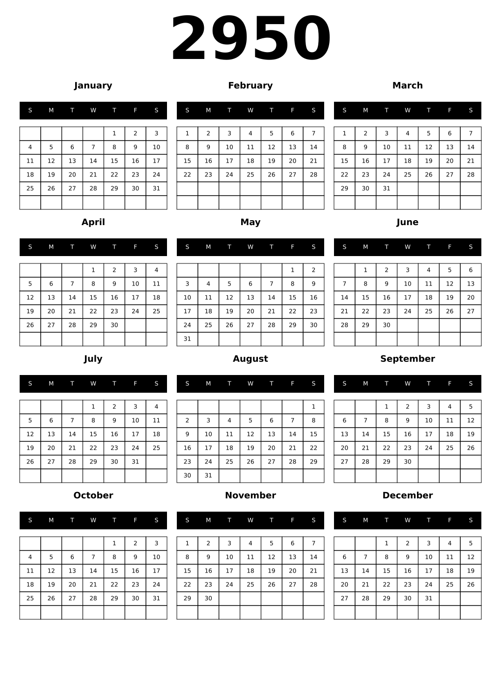 Printable 2950 Year Calendars black