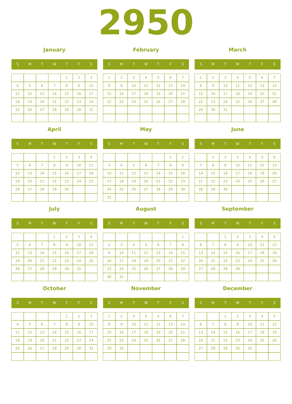 Printable 2950 Year Calendars chartreuse