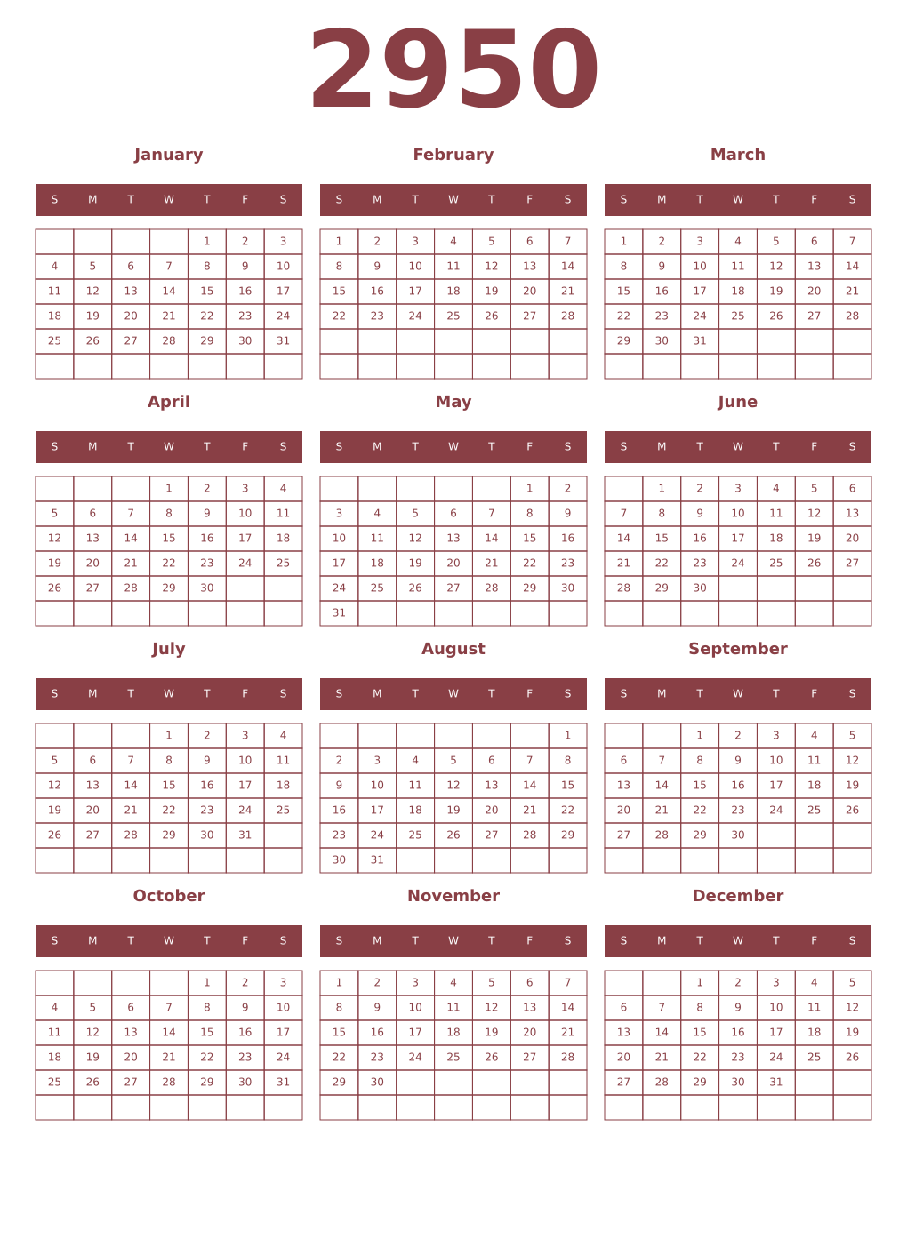 Printable 2950 Year Calendars cordovan