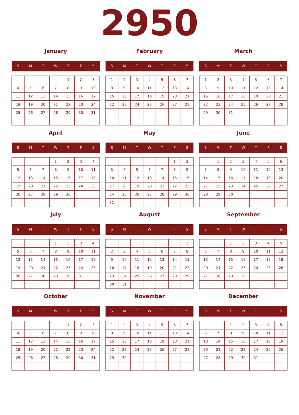 Printable 2950 Year Calendars falu