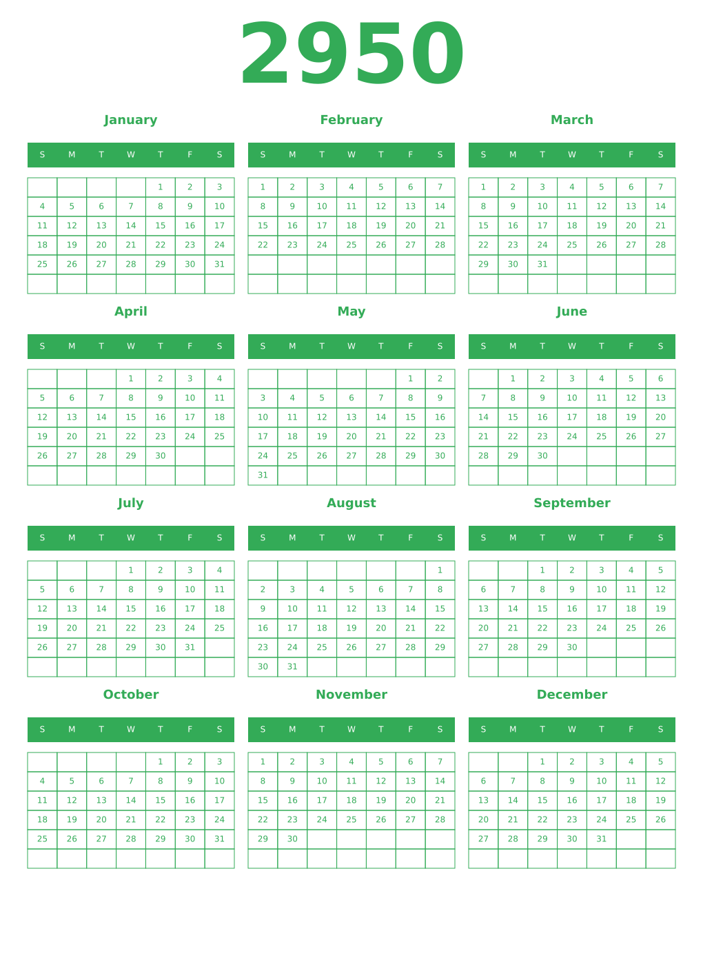 Printable 2950 Year Calendars green