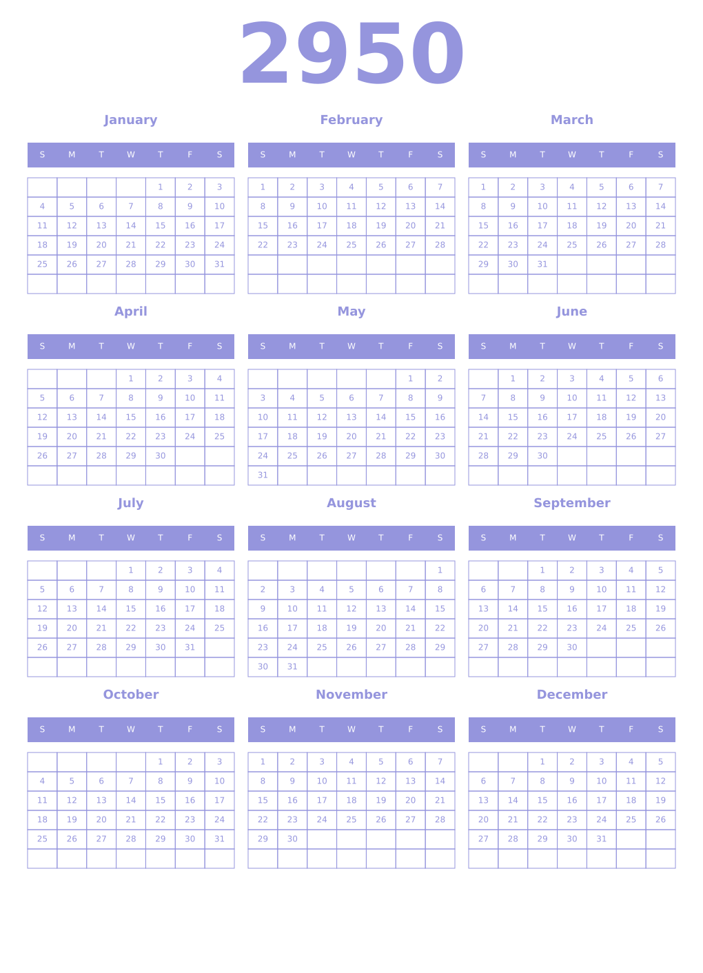 Printable 2950 Year Calendars periwinkle