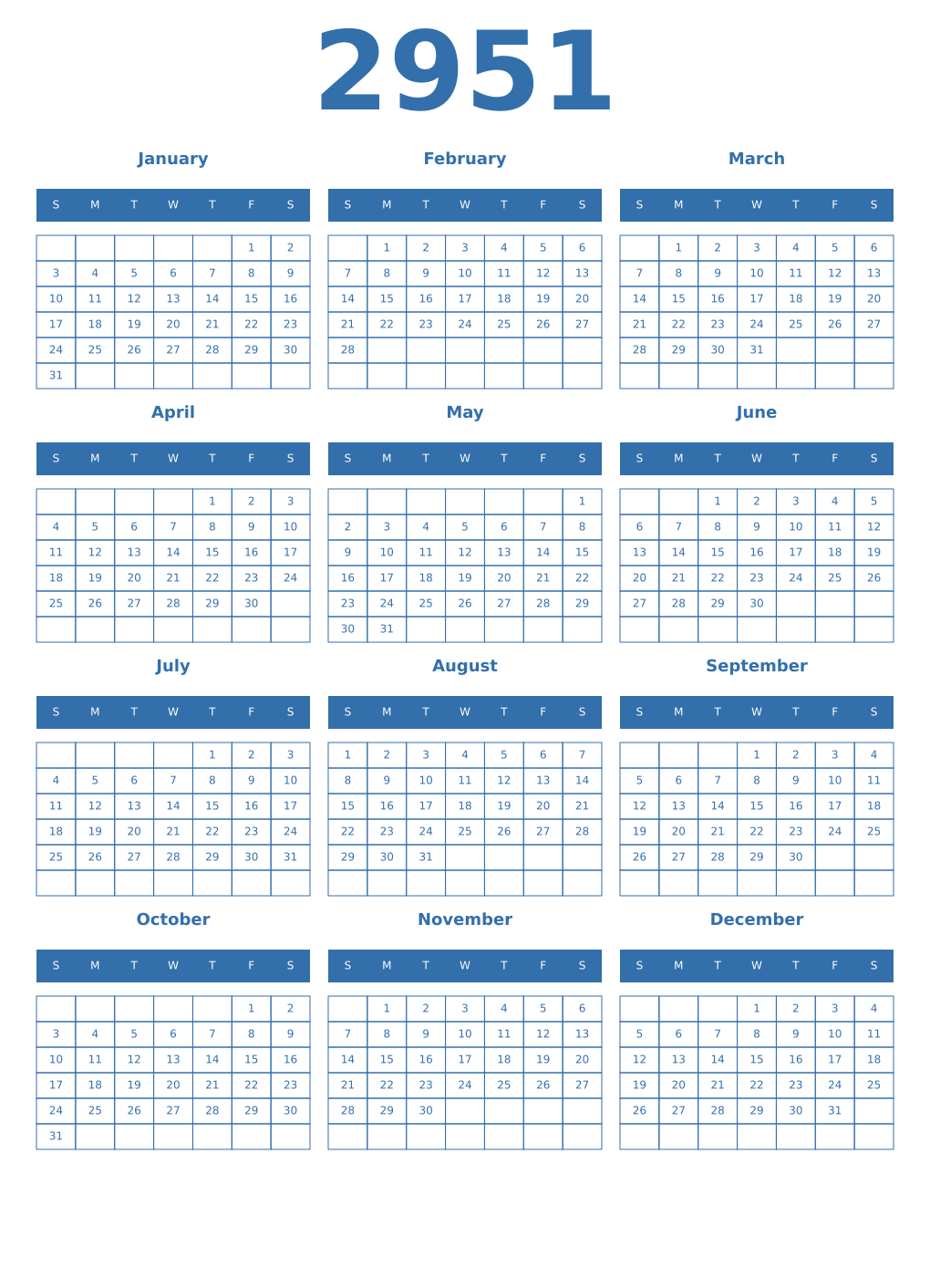 Printable 2951 Year Calendars blue