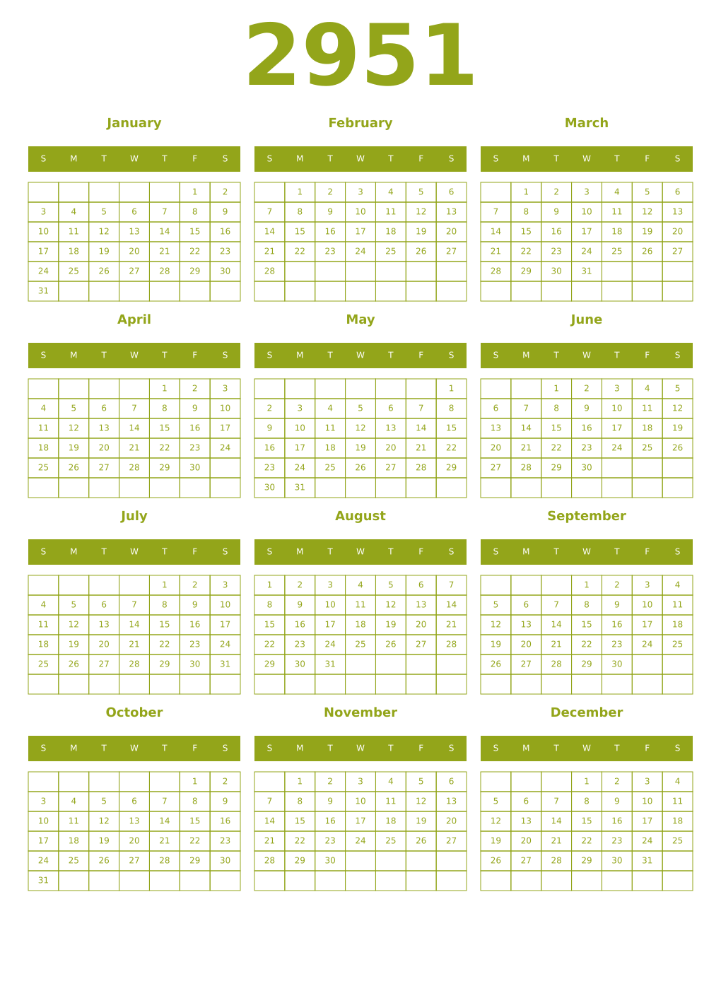 Printable 2951 Year Calendars chartreuse