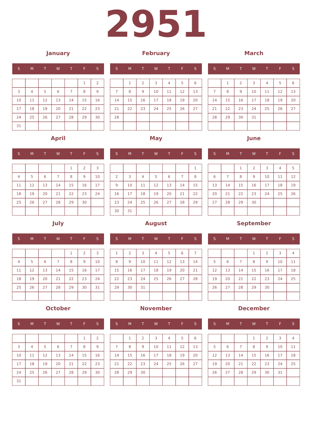 Printable 2951 Year Calendars cordovan