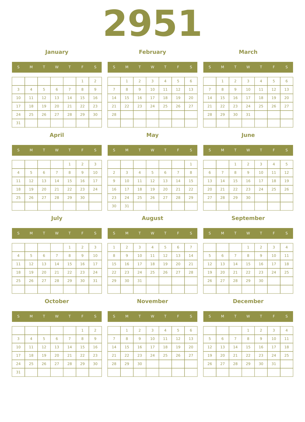 Printable 2951 Year Calendars eburnean