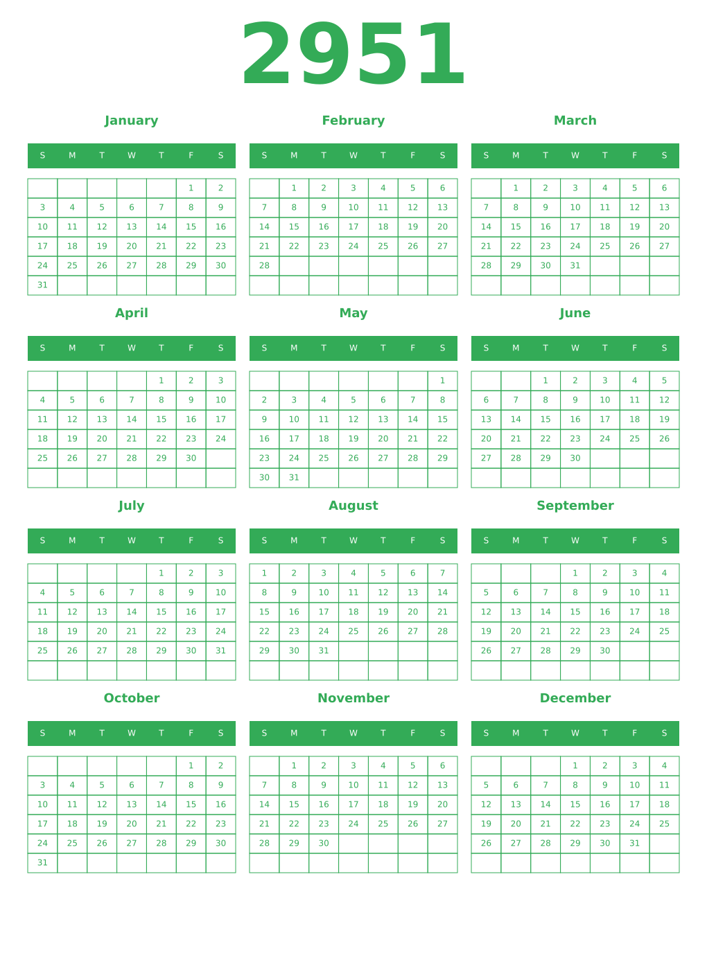 Printable 2951 Year Calendars green