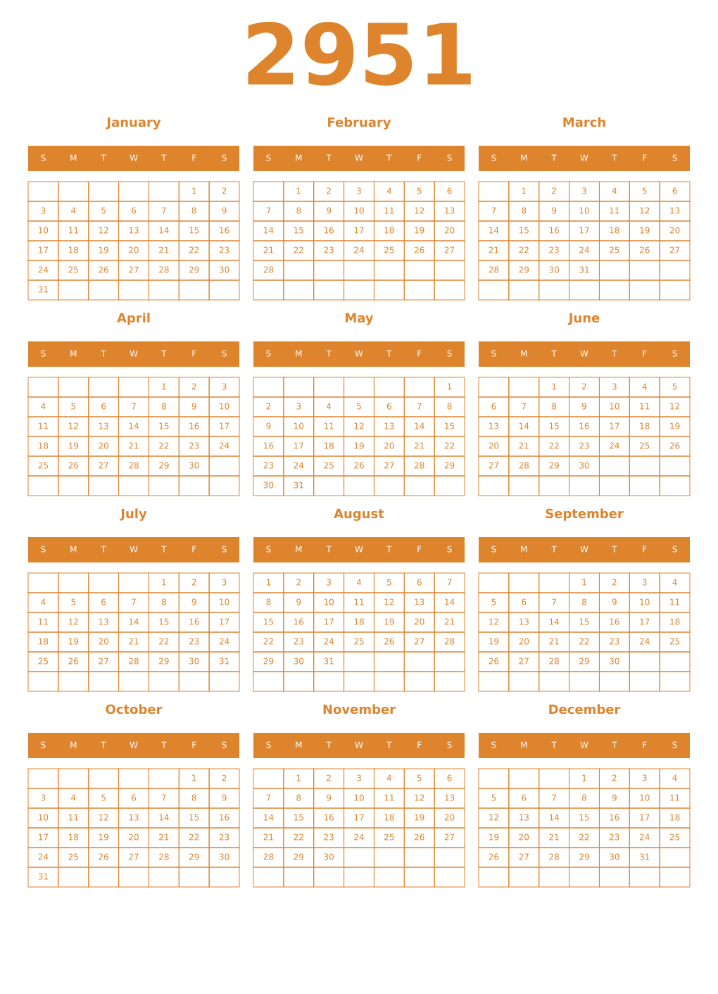 Printable 2951 Year Calendars orange