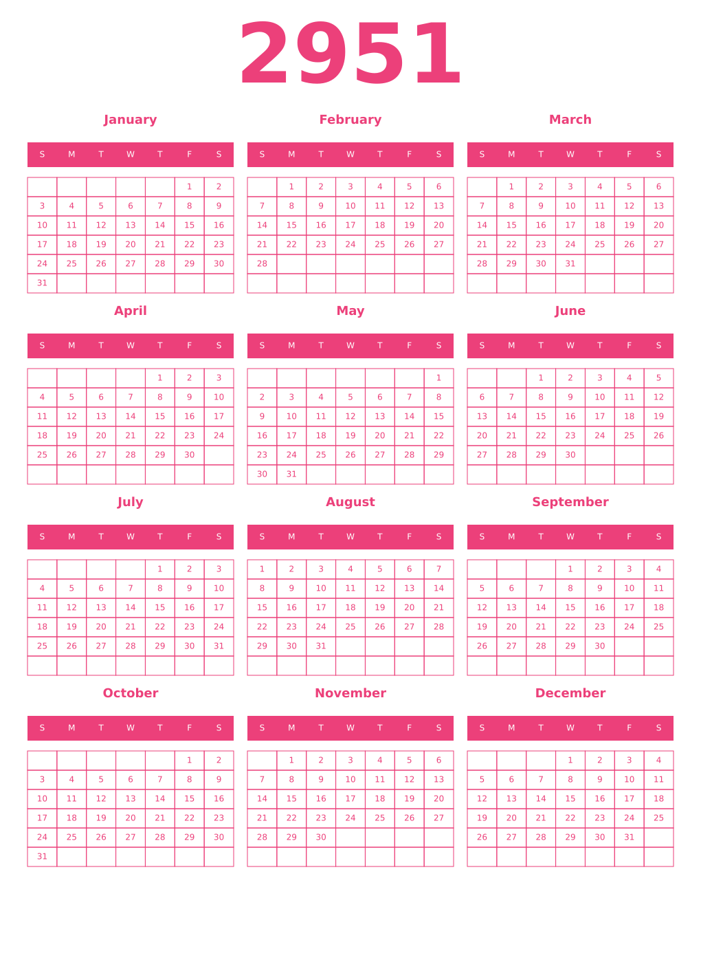 Printable 2951 Year Calendars pink