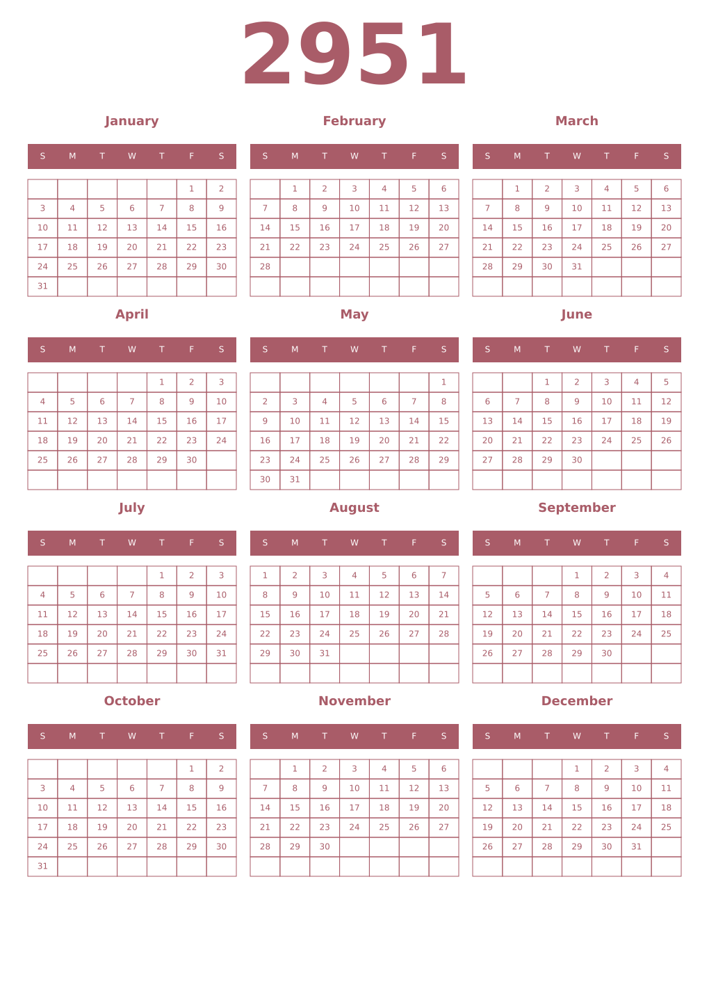 Printable 2951 Year Calendars puce