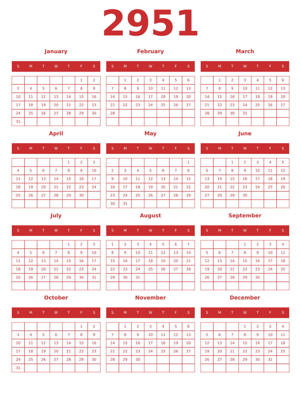 Printable 2951 Year Calendars red