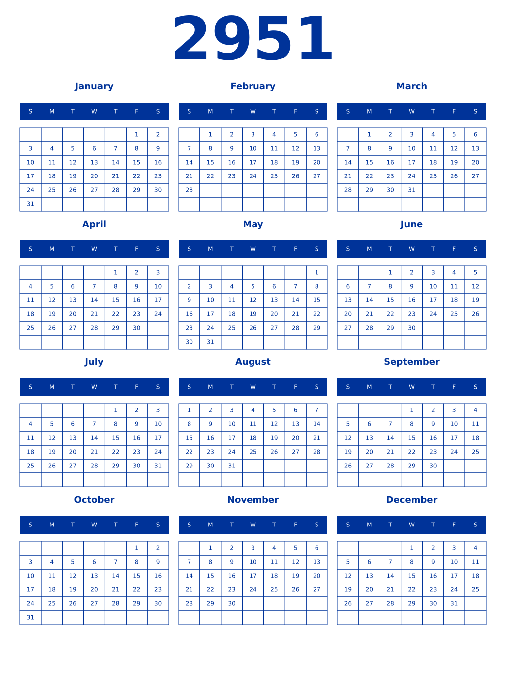 Printable 2951 Year Calendars smalt