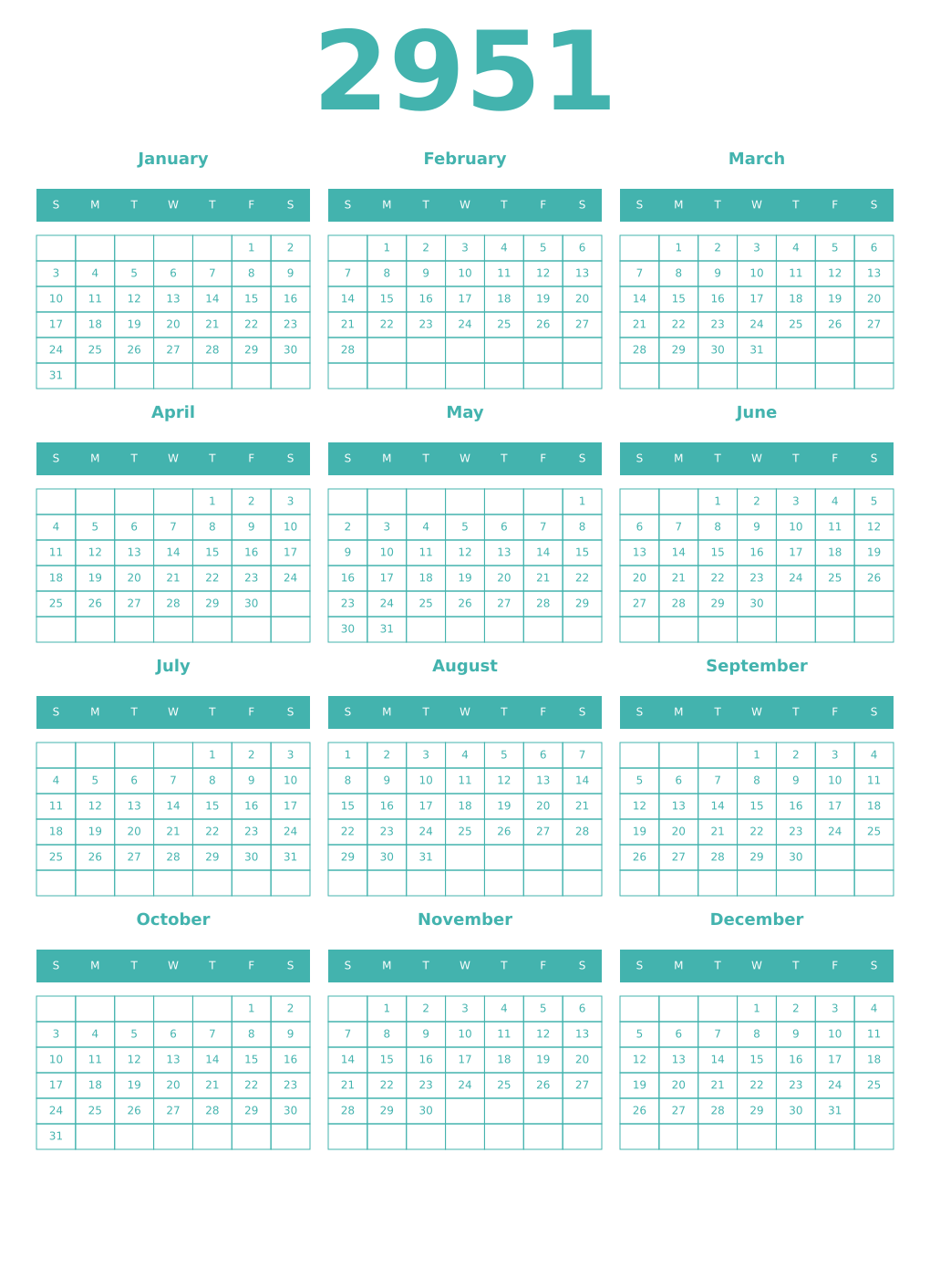 Printable 2951 Year Calendars verdigris