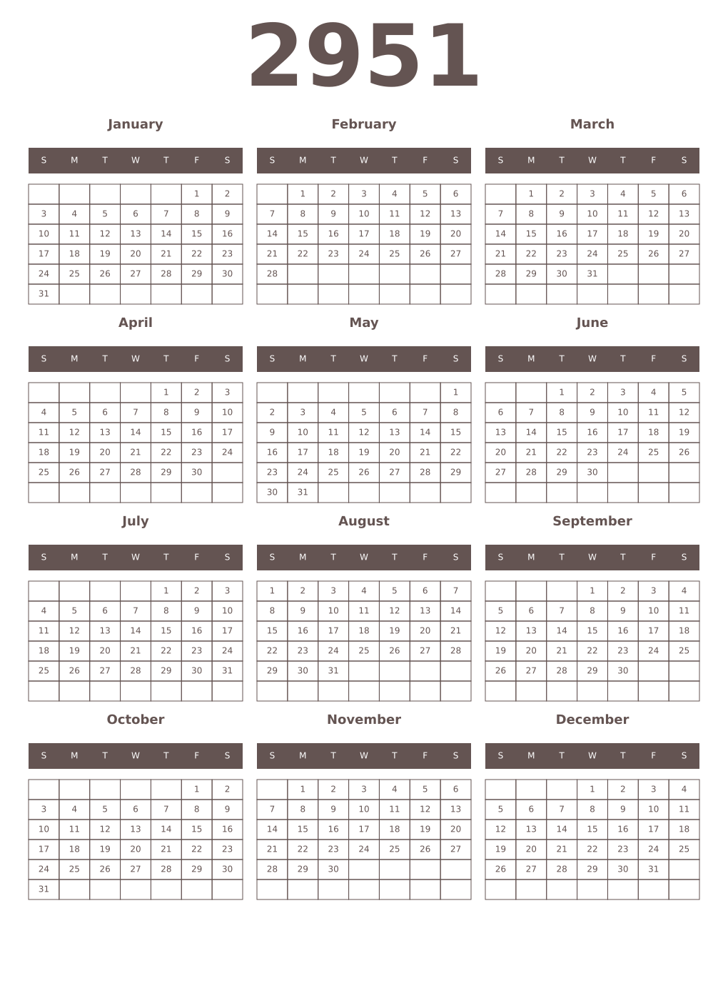 Printable 2951 Year Calendars wenge