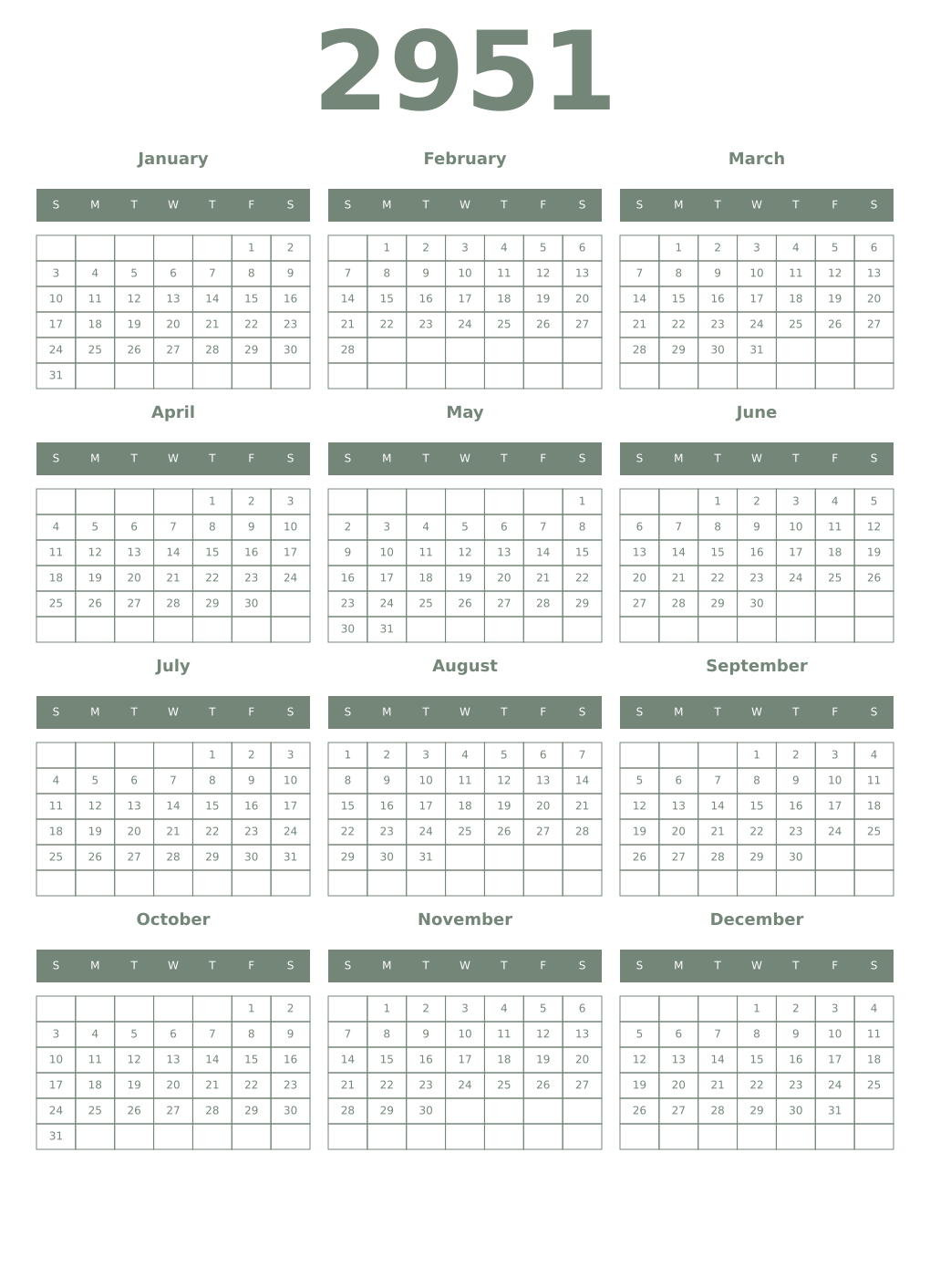 Printable 2951 Year Calendars xanadu