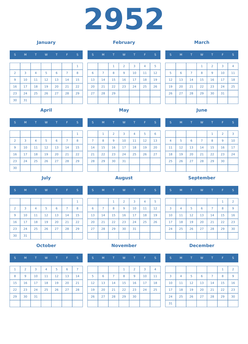 Printable 2952 Year Calendars blue