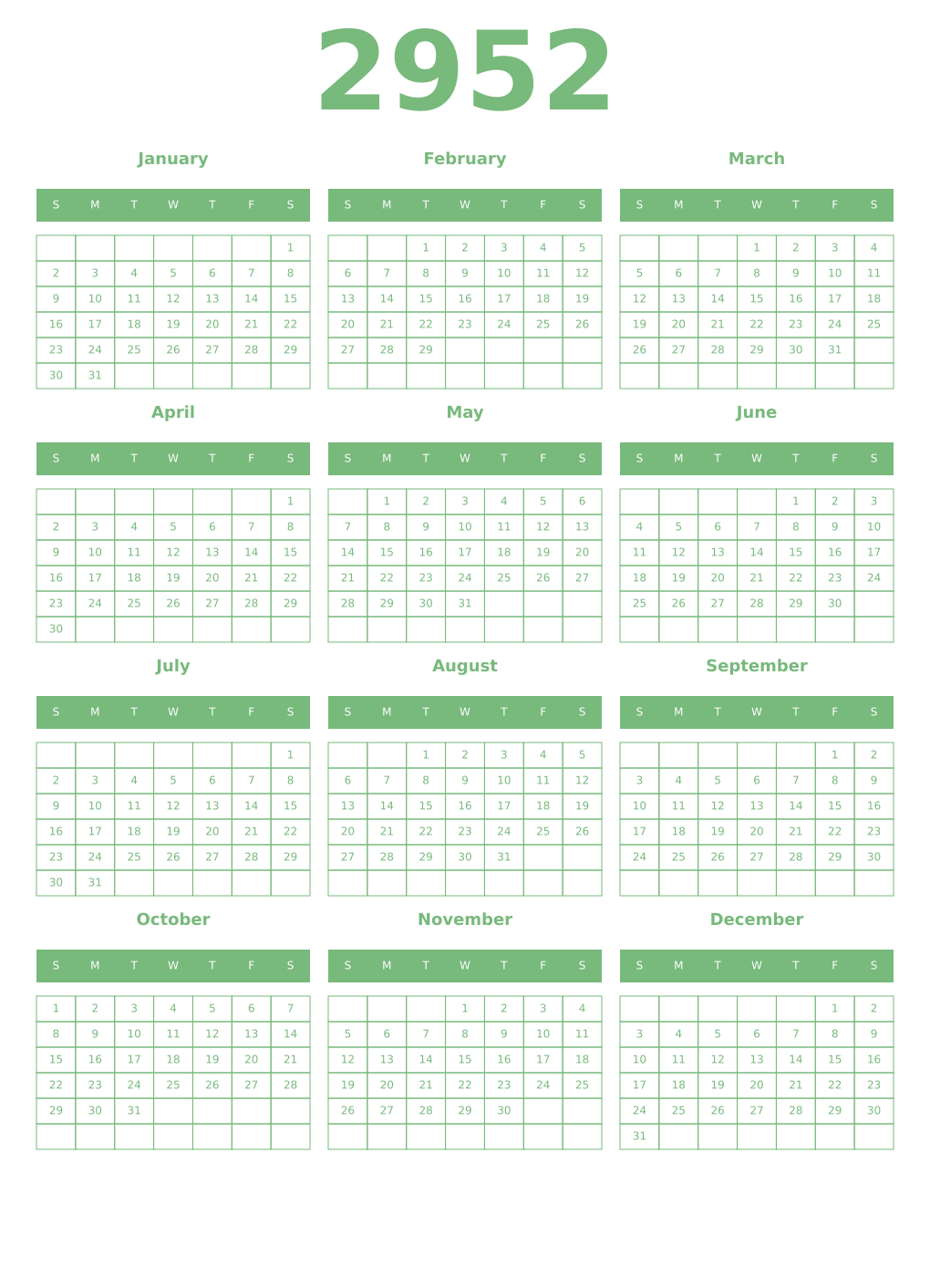 Printable 2952 Year Calendars celadon