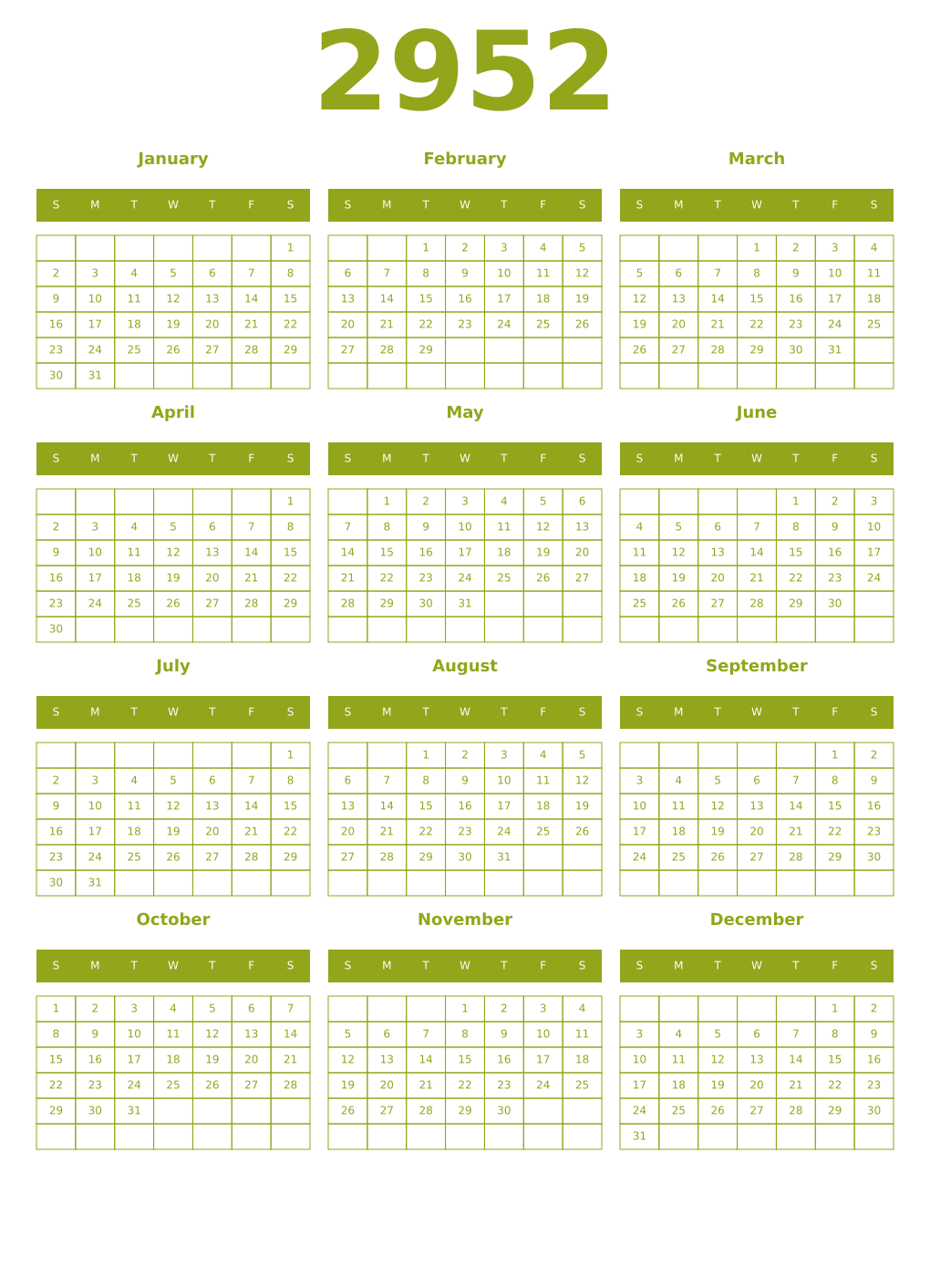 Printable 2952 Year Calendars chartreuse