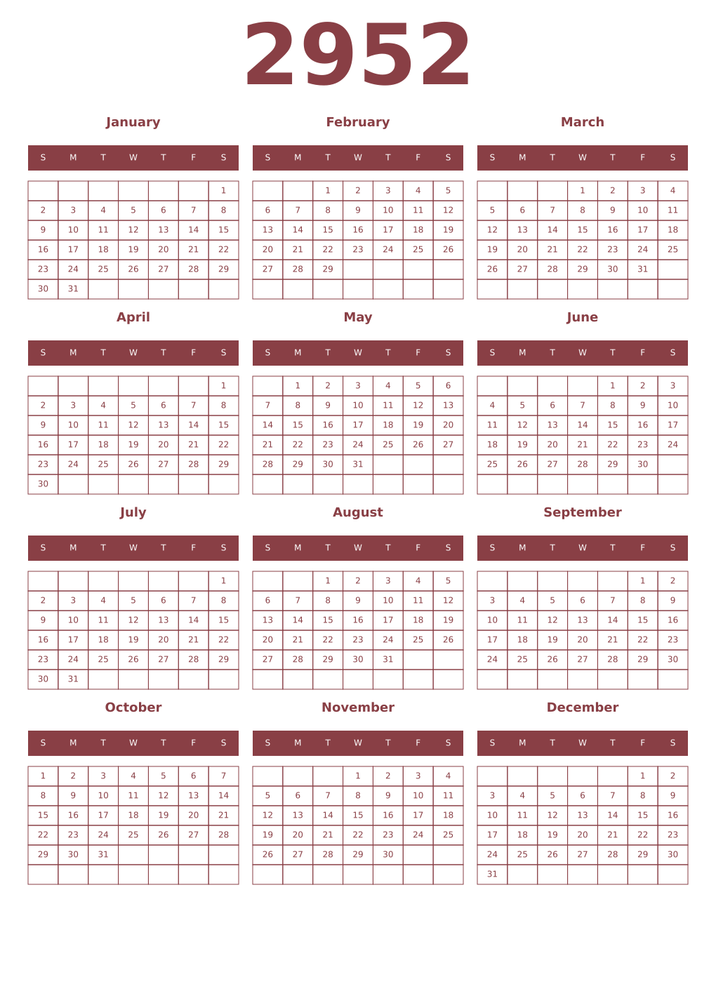 Printable 2952 Year Calendars cordovan