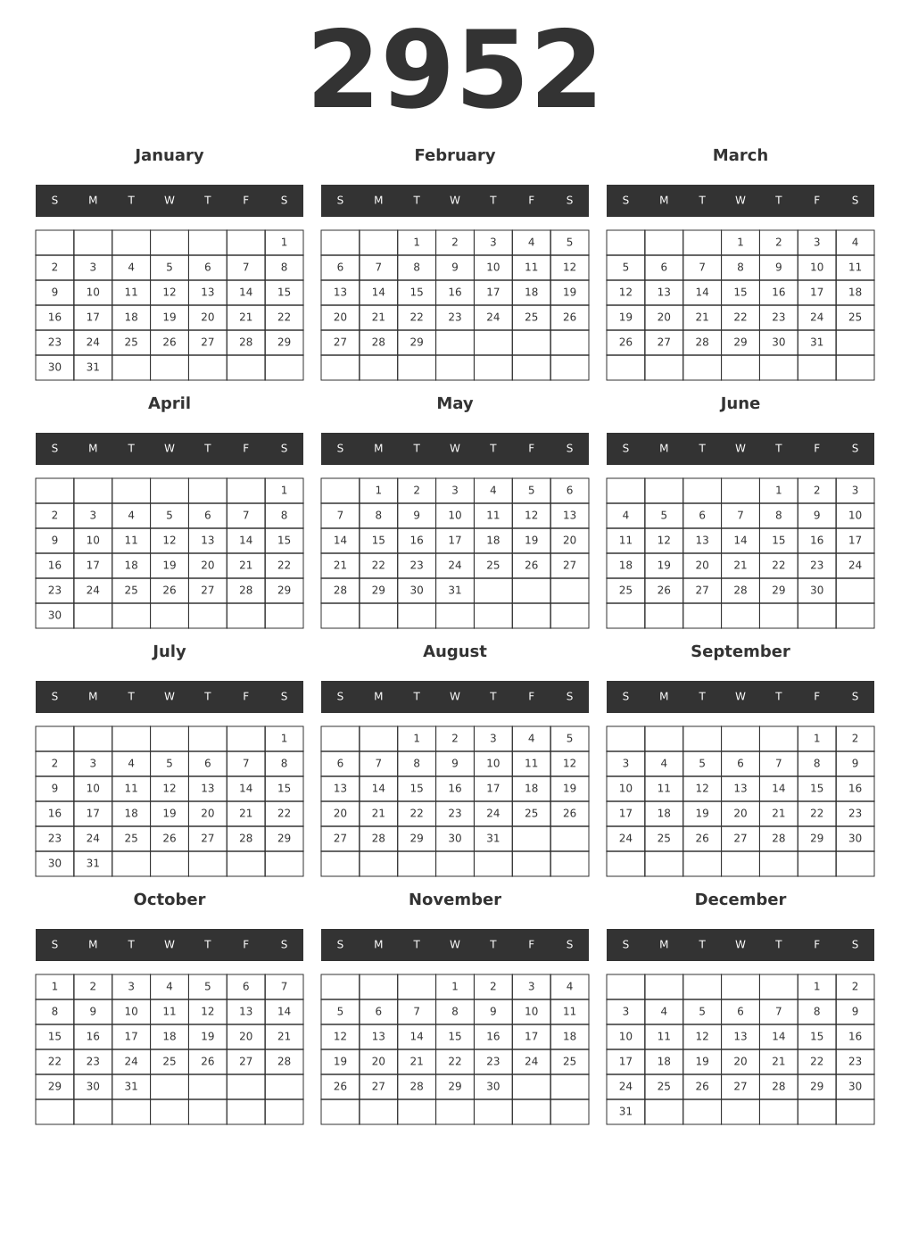 Printable 2952 Year Calendars dark